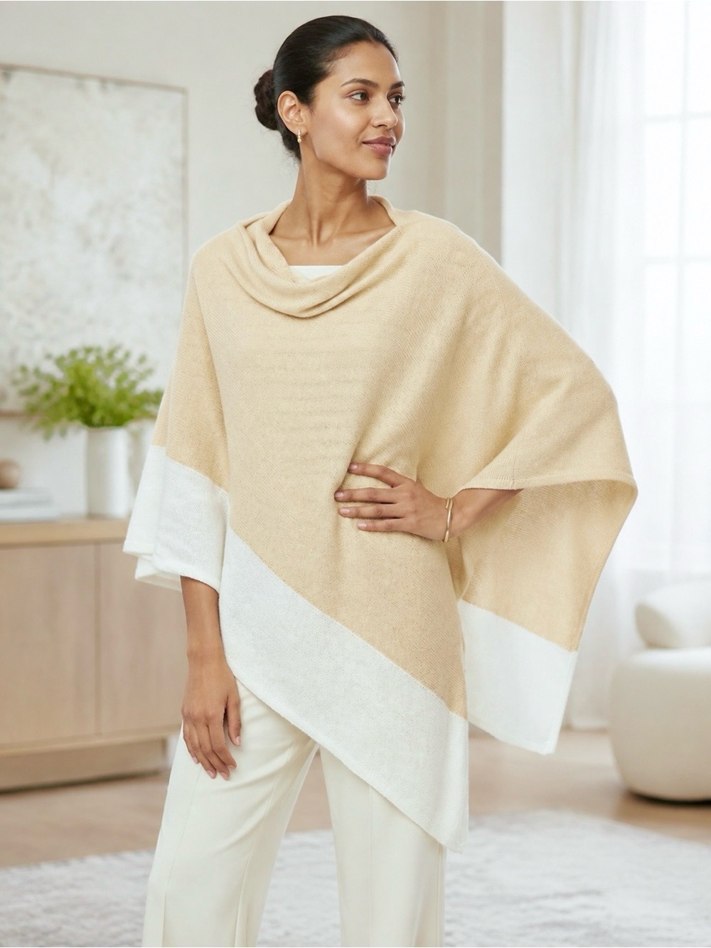 J. Crew Sweater Knit Poncho Colorblock Cotton-Cashmere Ivory/Beige Stretch